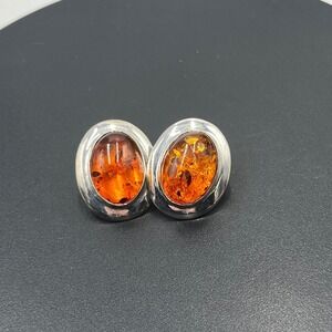 Vintage Sterling Silver Large Oval Baltic Amber Cognac Cabochon Pierced Earrings